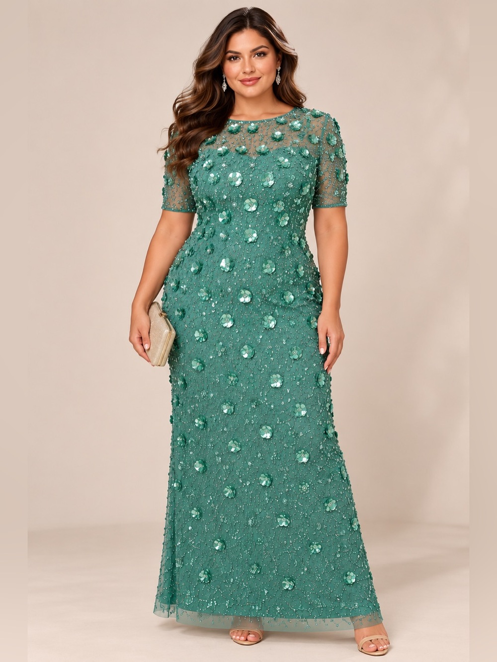 Adrianna Papell 3D Floral Beaded Green Slate Gown Dress 16W NWOT